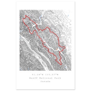 Impresión del mapa del Parque Nacional Banff – Arte mural topográfico minimalista – Mapa de senderismo de las Montañas Rocosas Canadienses – Póster de contorno de montaña – Regalo para amantes de la naturaleza