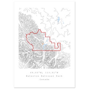 Waterton National Park Map Print – Minimalist Topographic Wall Art – Alberta Canada Hiking Map – Elevation Contour Line Poster
