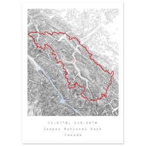 Jasper National Park Map Print – Minimalist Topographic Wall Art – Alberta Canada Hiking Map – Mountain Contour Poster