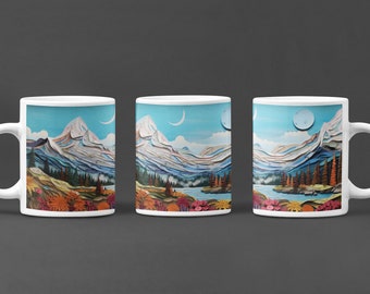 Ceramic Mug 11oz, Mountain Landscape, Paper Art