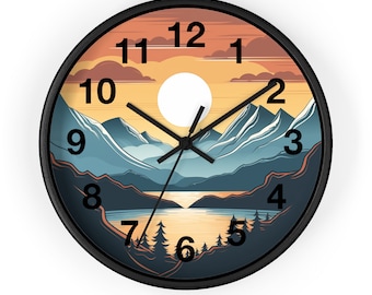 Mountain Sunset Landscape, Simple Design Wall Clock, Starry Night