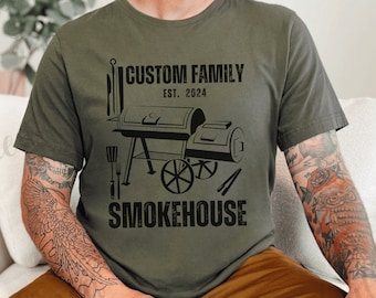 Personalized Family Name Grill Gift, Smokehouse Tshirt for Husband, Fathers Day Gift for Family Meatsmoker, Customizable Shirt for Grilling,