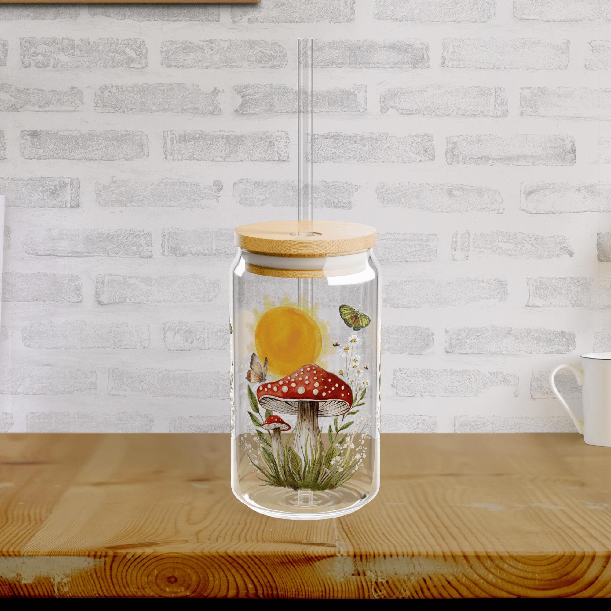 Cottagecore Ice Coffee Glass Can, Cute Cottagecore Best friend gifts, Sipper Glass Birthday Gift for Nature Lovers, Mushroom Aesthetic Glass