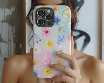 Floral Phone Case, Women’s Phone Case, Pink Butterfly Phone Case, Cute Watercolor Phone Case, Colorful Phone Case, Cell Phone Cases for Her