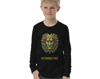 Youth Lion Head Design Long Sleeve Tee with Eco friendly message &quot;Go Carbon Free&quot;, by Pro Hydrogen Clothing®
