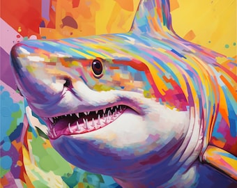 Impresión de tiburón arcoíris, póster de arte pop, impresión artística de colores brillantes, decoración de pared infantil, arte imprimible, gran tiburón blanco, impresión grande, arte de pared