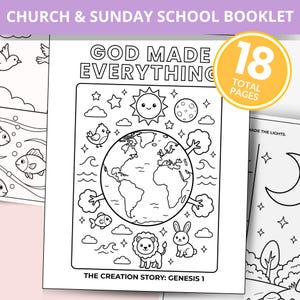 Puede incluir: Un libro para colorear en blanco y negro con el texto "GOD MADE EVERYTHING" y "THE CREATION STORY: GENESIS 1". La portada presenta ilustraciones de la Tierra, el sol, la luna, animales y nubes. El libro tiene 18 páginas en total.
