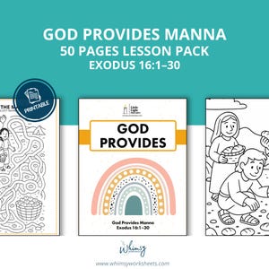Puede incluir: Un paquete de lecciones imprimible titulado "Dios provee maná" con 50 páginas. La portada presenta un diseño de arcoíris y el texto "Dios provee". El paquete incluye Éxodo 16:1-30. La imagen también muestra un laberinto y una página para colorear.