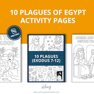 May include: A set of printable activity pages with the title "10 Plagues of Egypt" in large, bold text. The pages feature black and white illustrations of biblical scenes, including Moses and Pharaoh. The word "Printable" is also visible.