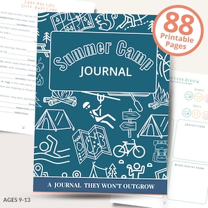 May include: A teal Summer Camp Journal with the words "Summer Camp Journal" in white. The cover features camping-themed illustrations, including tents, a map, and a bicycle. The journal has 88 printable pages and is designed for ages 9-13.