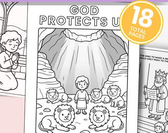 May include: Black and white coloring book pages with the text "CHURCH & SUNDAY SCHOOL BOOKLET" at the top. One page shows a scene of Daniel in the lion's den, with the text "GOD PROTECTS U" and "DANIEL IN THE LION'S DEN: DANIEL 6". A yellow circle indicates "18 TOTAL PAGES".