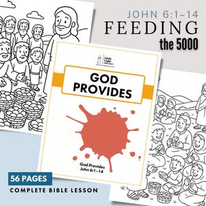 Puede incluir: Un conjunto de hojas de trabajo de lecciones bíblicas con el texto "GOD PROVIDES" y "FEEDING the 5000". Las hojas de trabajo presentan ilustraciones en blanco y negro de escenas bíblicas y texto. También son visibles las palabras "56 PAGES" y "COMPLETE BIBLE LESSON".