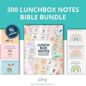 Könnte beinhalten: Ein Paket mit druckbaren Lunchbox-Notizen mit Bibelversen und ermutigenden Botschaften für Kinder. Die Karten zeigen farbenfrohe Illustrationen von Tieren, Regenbogen und anderen fröhlichen Designs. Der Text "300 Lunchbox Notes Bible Bundle" wird oben angezeigt.