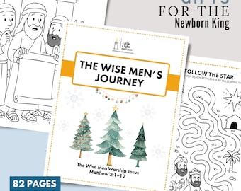 Może przedstawiać: Zestaw drukowanych stron z lekcjami biblijnymi. Główna strona zawiera tekst "The Wise Men's Journey" z ilustracjami choinek. Tekst "Gifts for the Newborn King" znajduje się na górze. Na dole znajduje się tekst "82 Pages Complete Bible Lesson".