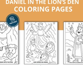 May include: Black and white coloring pages with the text "DANIEL IN THE LION'S DEN COLORING PAGES". The pages depict scenes from the biblical story, including Daniel in the lion's den and an angel. The word "Printable" is also visible.