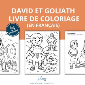 May include: A printable coloring book titled "David and Goliath" in French. The cover features illustrations of the biblical story, including David, Goliath, and other characters. The book is designed for children and includes the text "IMPRIMABLE".