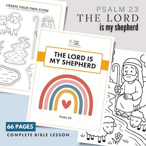 May include: A collection of printable Bible lesson pages. The main page features the text "THE LORD IS MY SHEPHERD" above a rainbow design. Additional pages include coloring pages and cut-out activities with sheep and a shepherd.