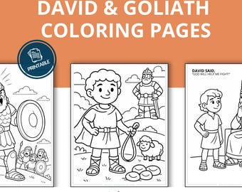 May include: Printable coloring pages featuring the story of David and Goliath. The pages include illustrations of David, Goliath, and other characters from the biblical story. The text "DAVID & GOLIATH COLORING PAGES" is displayed at the top.