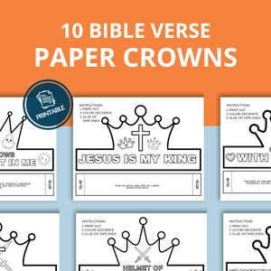 Op de afbeelding: Een afdrukbare set van 10 papieren kronen met bijbelteksten. Elke kroon heeft een uniek ontwerp met de tekst "Jezus is mijn koning" en andere inspirerende zinnen. Instructies voor het afdrukken, kleuren en in elkaar zetten zijn inbegrepen.