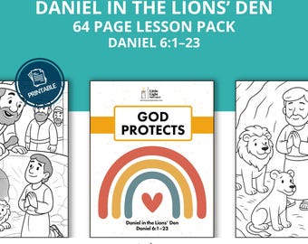 Op de afbeelding: Een afdrukbaar lespakket getiteld "Daniël in de leeuwenkuil" met illustraties. De omslag heeft een regenboogontwerp met een hart en de tekst "God beschermt". Het pakket bevat 64 pagina's en behandelt Daniël 6:1-23.