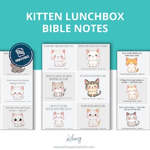 Könnte beinhalten: Druckbare "Kitten Lunchbox Bibelnotizen" mit Cartoon-Kätzchen und inspirierenden Zitaten. Die Notizen sind mit einem türkisfarbenen Hintergrund gestaltet und enthalten oben den Text "Kitten Lunchbox Bibelnotizen".