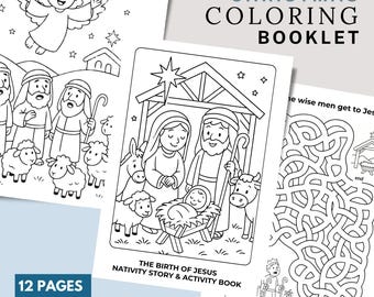 Peut inclure: Un livret de coloriage de Noël avec 12 pages de coloriages et une histoire de la nativité. Les pages présentent des illustrations d'anges, de bergers, de moutons et de la naissance de Jésus. Le livret comprend le texte "Christmas Coloring Booklet".
