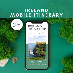 Puede incluir: La pantalla de un teléfono móvil que muestra un itinerario de viaje para un viaje por carretera en Irlanda. El itinerario incluye un mapa con pines, una foto de los Acantilados de Moher y el texto "IRELAND ROAD TRIP" y "Julio 1-7 2024, Ruta: Dublín - Anillo de Kerry".