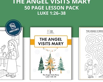 May include: A printable 50-page lesson pack titled "The Angel Visits Mary" with text from Luke 1:26-38. The cover features illustrations of Mary, angels, and Christmas trees. The Whimsy Worksheets logo is at the bottom.