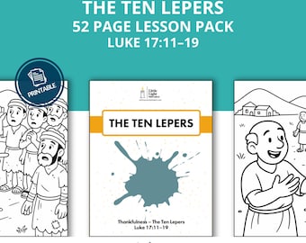 Puede incluir: Un paquete de lecciones imprimible titulado "Los diez leprosos" con el texto "Paquete de lecciones de 52 páginas Lucas 17:11-19". La portada presenta ilustraciones y las palabras "Los diez leprosos" en una pancarta amarilla. La imagen incluye una mancha de tinta azul.