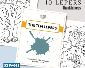 Puede incluir: Una colección de páginas de lecciones bíblicas en blanco y negro. El título "THE TEN LEPERS" se muestra en una página blanca con una mancha de tinta verde azulado. También se ve el texto "LUKE 17:11-19" y "Thankfulness". Las palabras "52 PAGES" y "COMPLETE BIBLE LESSON" están en la parte inferior.