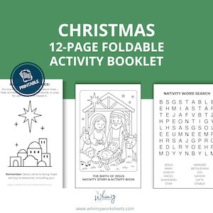 May include: A printable Christmas activity booklet with a green background. The booklet features a nativity scene, a word search, and other activities. The text reads "Christmas 12-page foldable activity booklet."