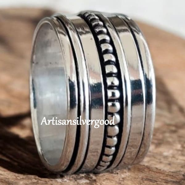 925 Sterling Silver Spinner Ring: Boho Fidget Ring with Twisted Rope Design.