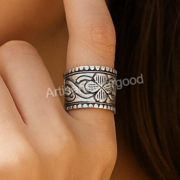 Oxidized 925 Sterling Silver Floral Band Ring: Chunky Boho Statement