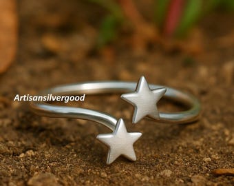925 Sterling Silver Double Star Ring: Adjustable Celestial Jewelry