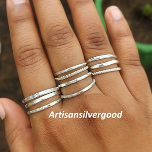 Set of 10 Silver Rings | Handmade 925 Stackable Rings | Boho Minimalist Adjustable Ring Set for Women
