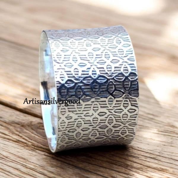 Wide Band 925 Sterling Silver Ring: Textured Adjustable Cuff