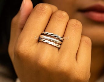 Sterling Silver Twisted Rope Ring Set: Stackable Boho Bands
