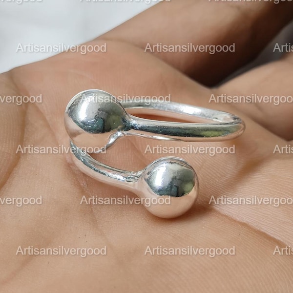Minimalist Ball End Ring: 925 Sterling Silver Adjustable Open Band.