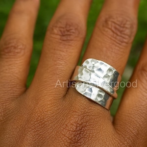 Hammered Sterling Silver Wrap Ring: Adjustable Boho Statement Band