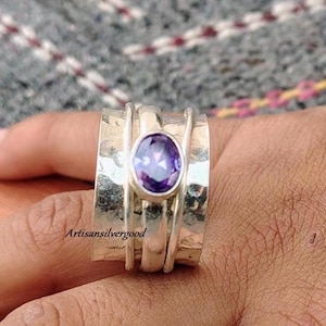 Handmade 925 Sterling Silver Amethyst Spinner Ring: Boho Meditation Jewelry