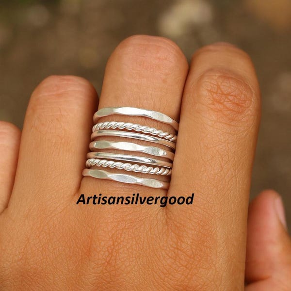 Stapelbare 925 Sterling Silber Ringe Set: Minimalistische Bandringe, verstellbar