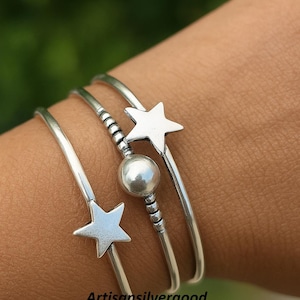 Sterling Silver Star Bangle: Handmade Boho Celestial Bracelet