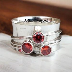 Handmade Garnet Sterling Silver Spinner Ring: Boho Meditation Band