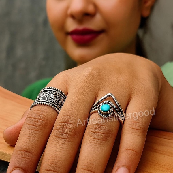 Turquoise Sterling Silver Ring: Adjustable Chevron Band, Boho Jewelry