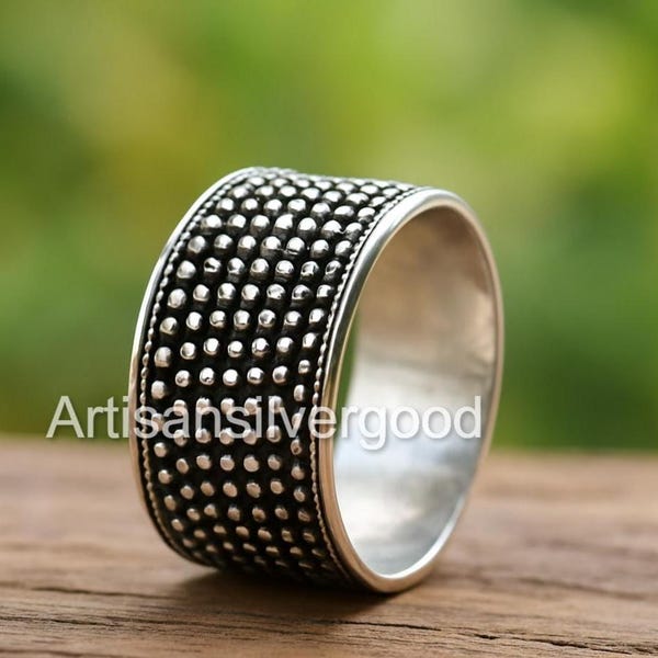 Oxidized 925 Sterling Silver Wide Band Ring: Adjustable Beaded Statement