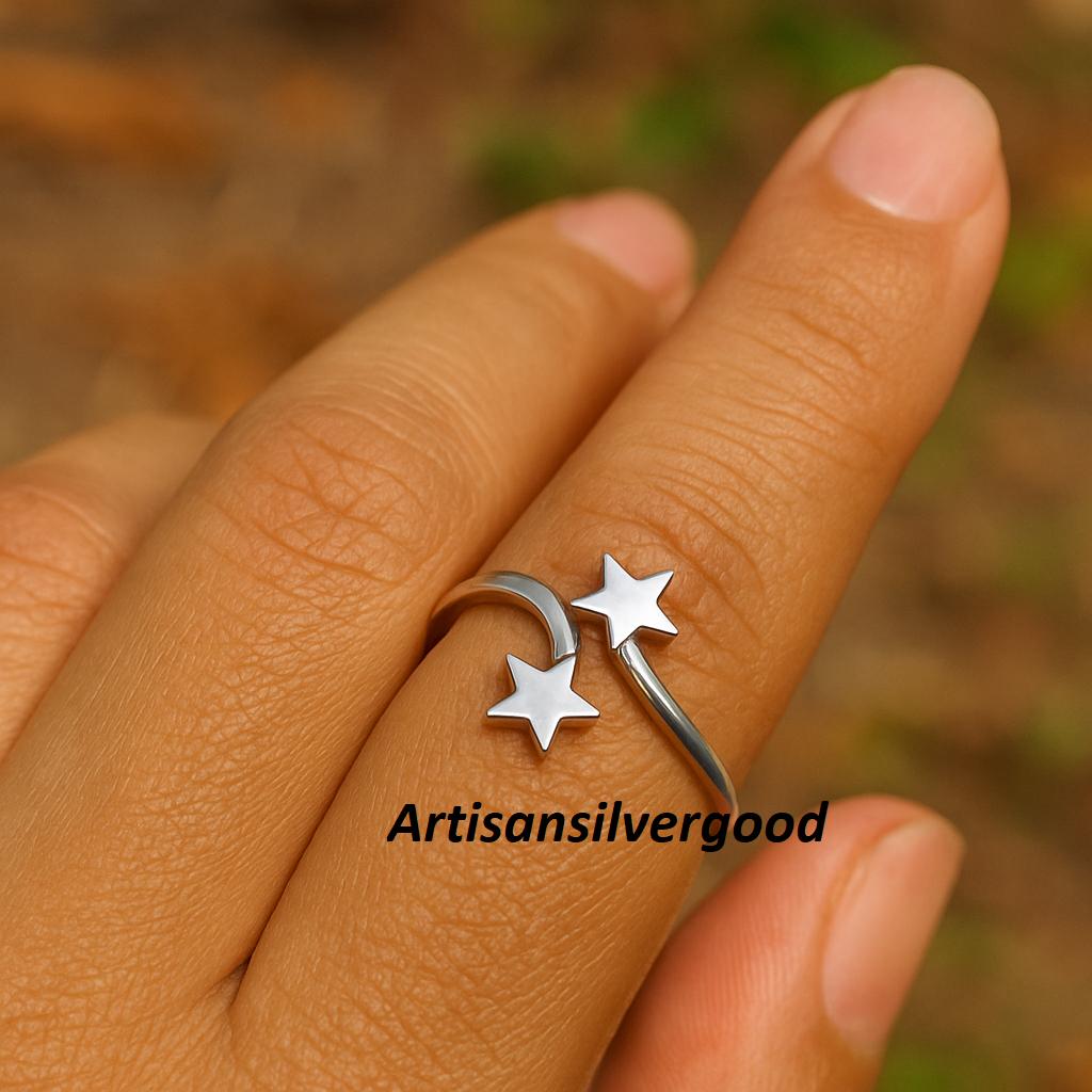 925 Sterling Silver Double Star Ring: Adjustable Celestial Jewelry