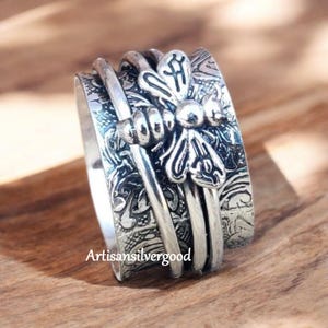 Handmade Sterling Silver Bee Spinner Ring: Wide Band Boho Fidget Jewelry