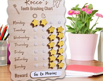Personalized Tooth Brushing Chart, Wooden Reward Tracker with Stars