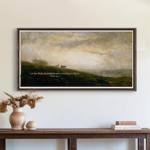 Vintage Landscape Print: Moody Farmhouse Wall Art with Cattle