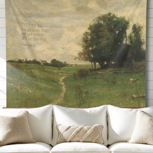 Christian Wall Art Tapestry Vintage French Landscape Psalm Scripture Wall Art Farmhouse Home Décor Wall Hanging Rustic Oversized Textile Art